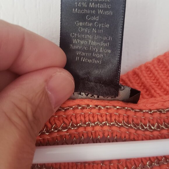 ANN TAYLOR SHORT Cap SLEEVED SWEATER top Metallic Thread Wave Pattern L Orange - Picture 5 of 6